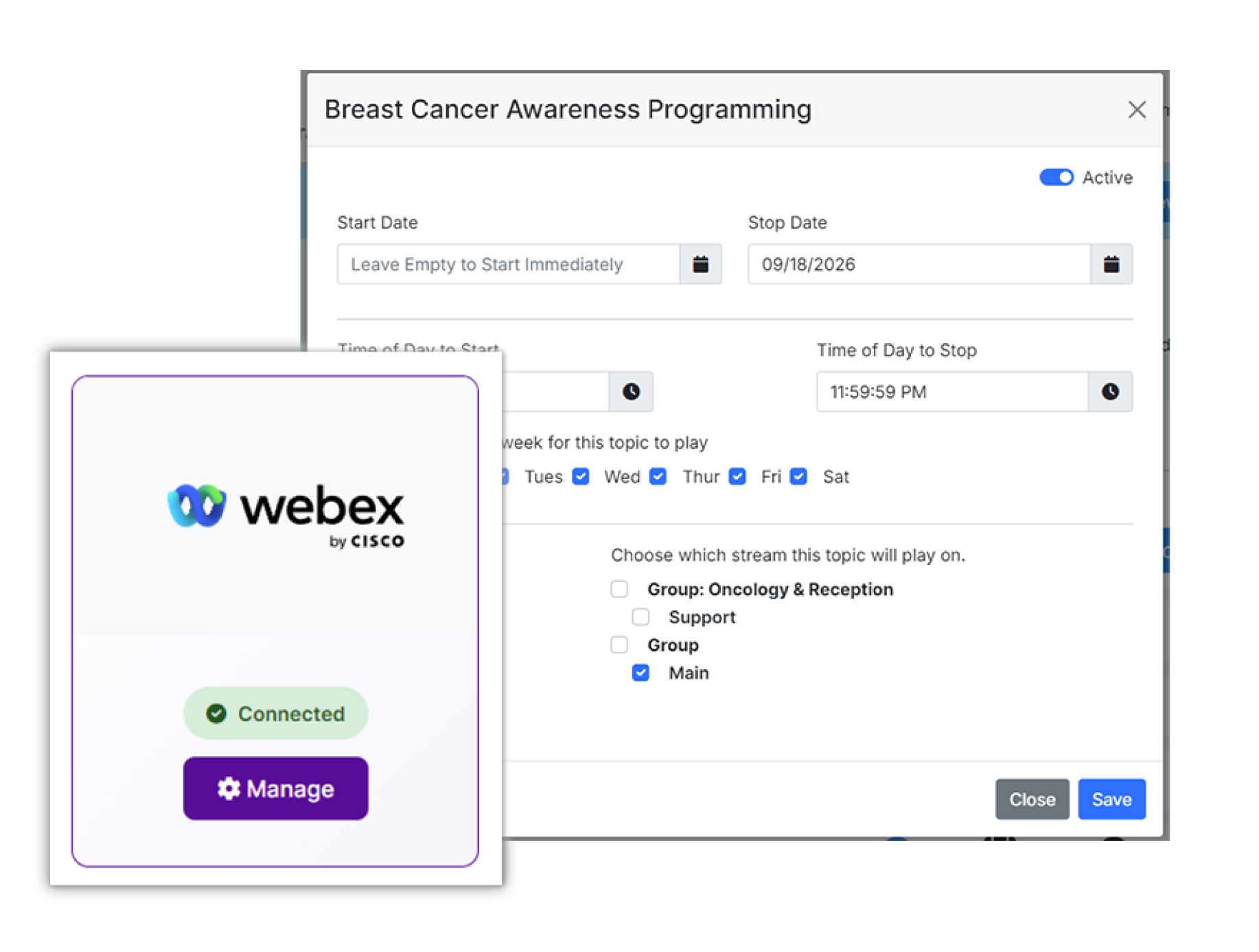 Screenshots of the Easy On Hold Webex Calling App for music on hold automation