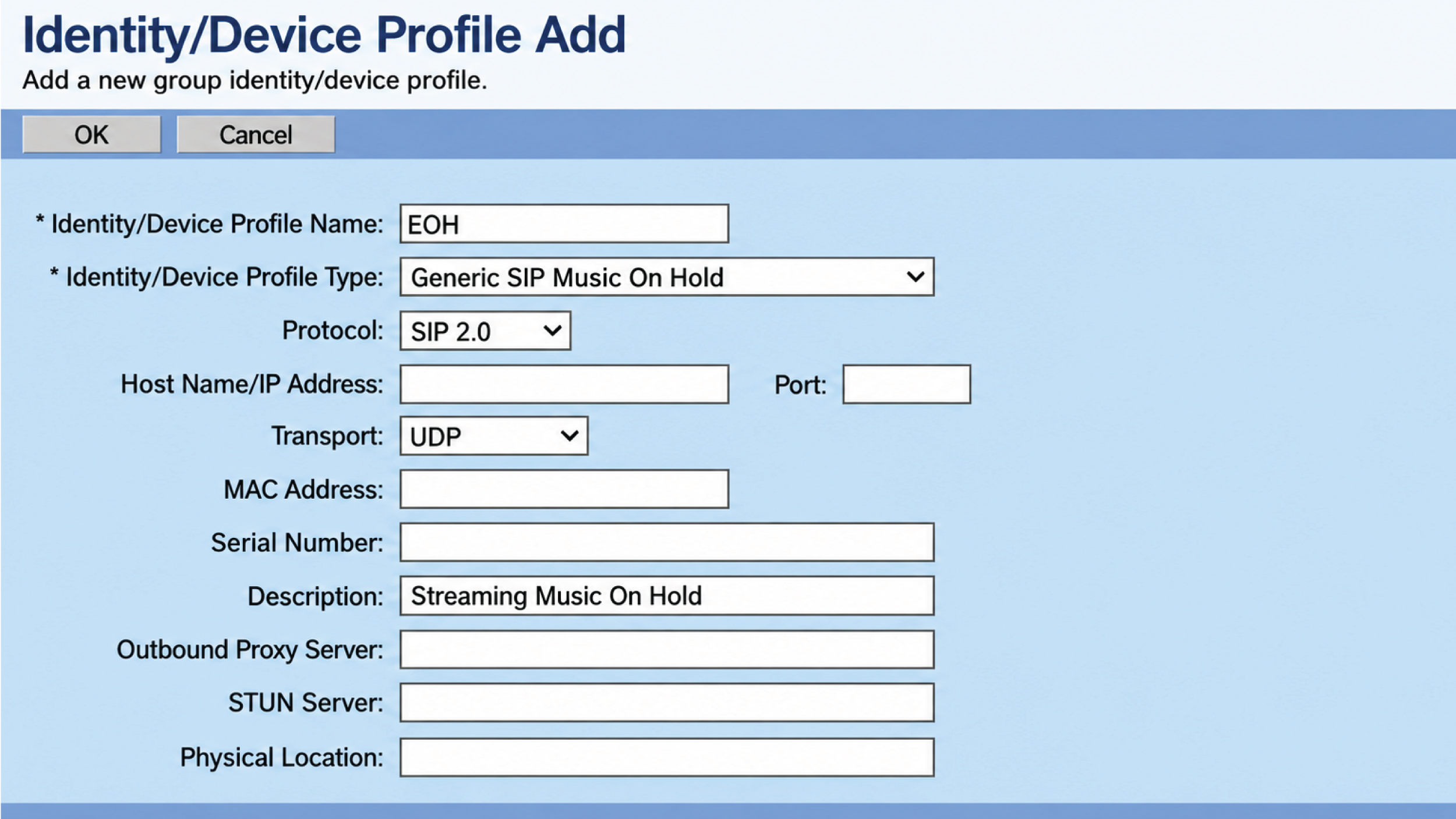 BroadWorks On Hold settings screenshot - can be configured for an external SIP source and Identity Device Profile