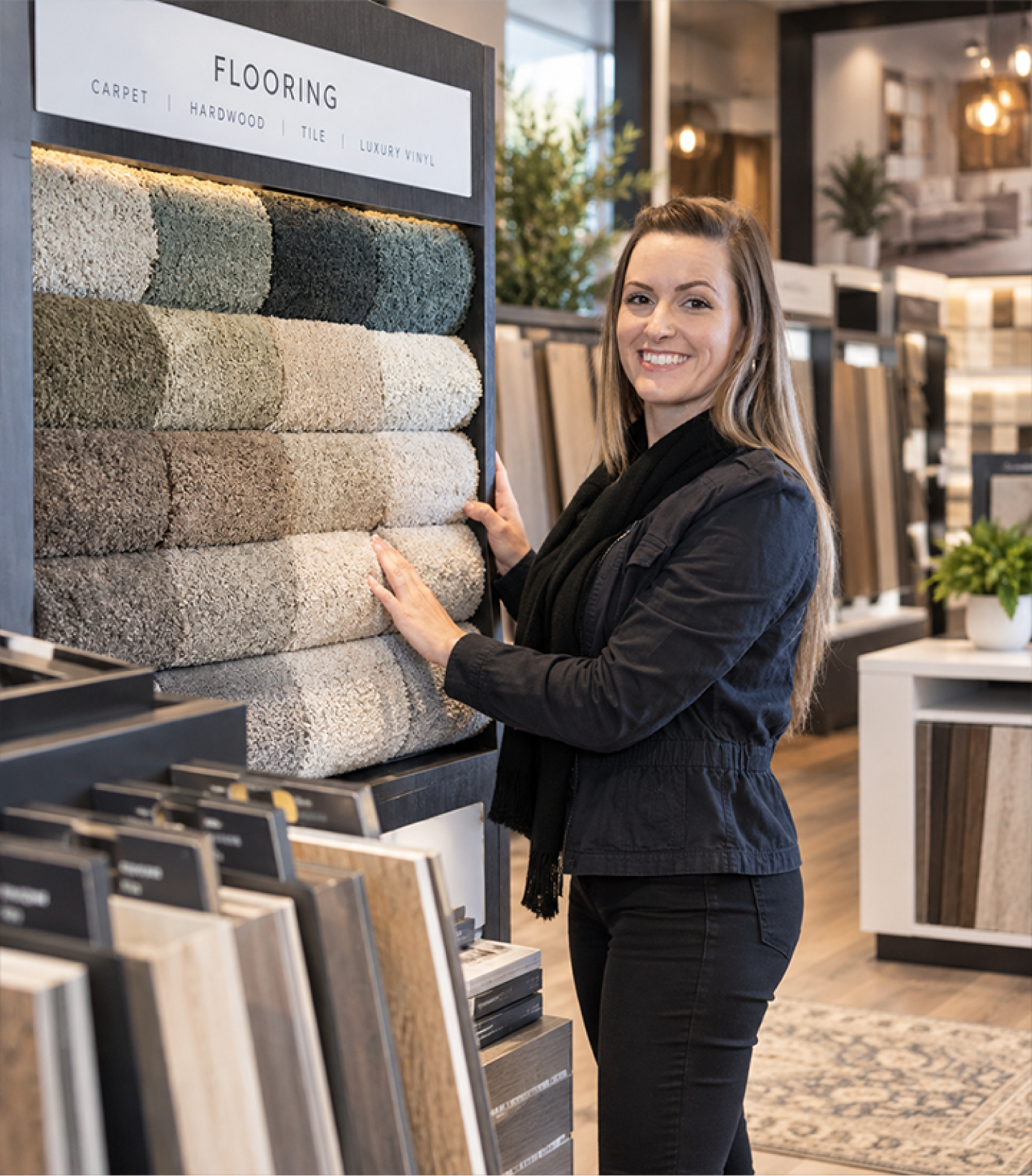 Flooring showroom specialist helping a customer plan a new flooring project