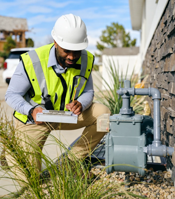 Utility worker inspecting a meter and recording service information