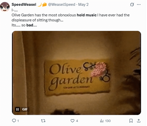 Olive garden bad hold music complaint on X