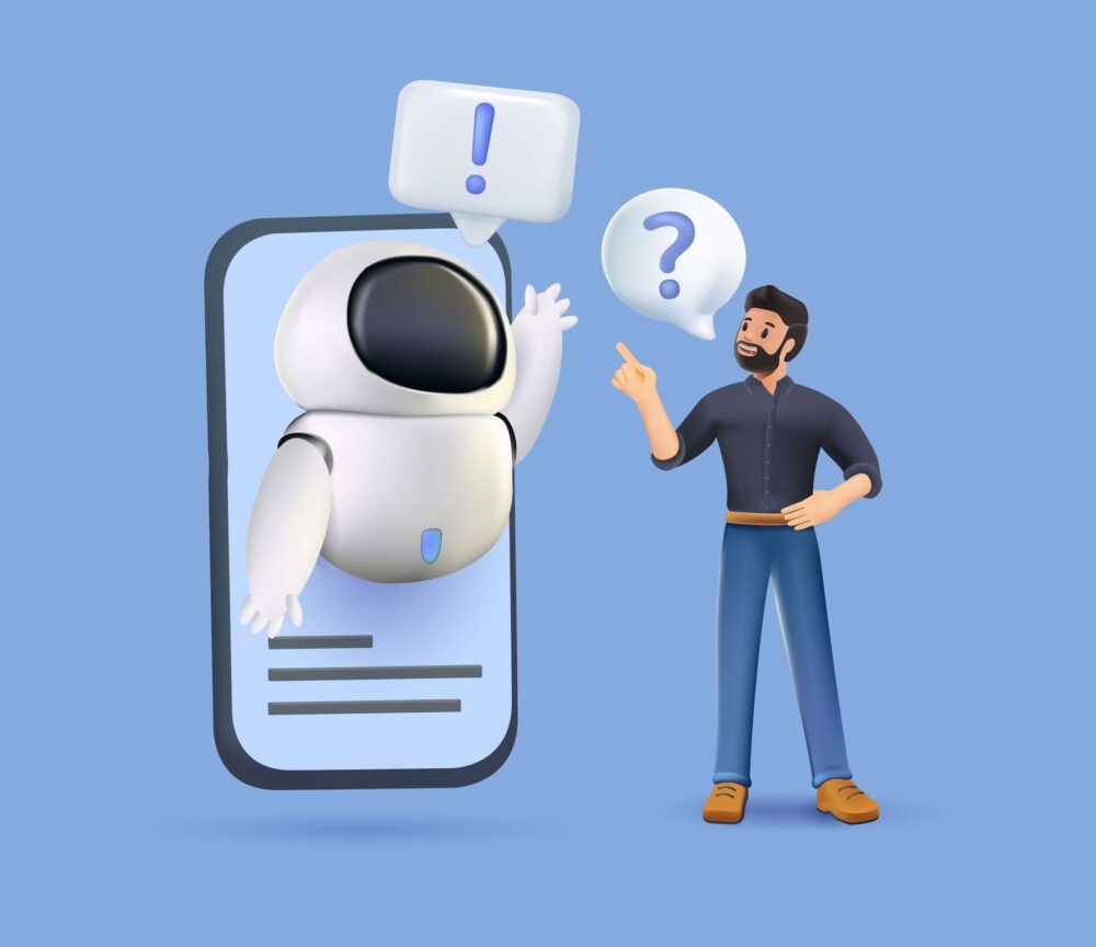 Easy On Hold | Blog - Illustration of AI voice vs. human voice concept with 3D robot chatbot on smartphone screen.