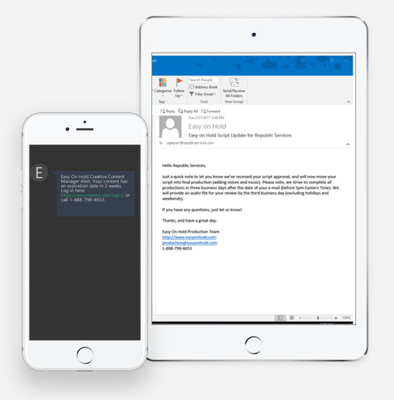 text and email alerts from Easy On Hold on iPhone and iPad