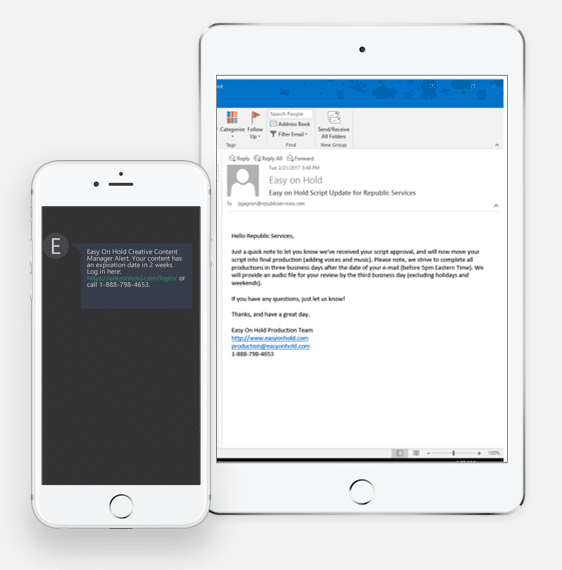 text and email alerts from Easy On Hold on iPhone and iPad