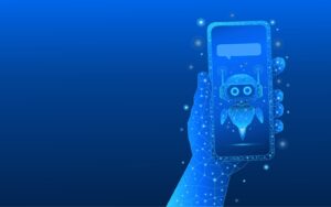 Easy On Hold | Blog - Illustration featuring a hand holding a phone with a small robot depicted on the screen, representing AI-generated voice-on-hold messaging.