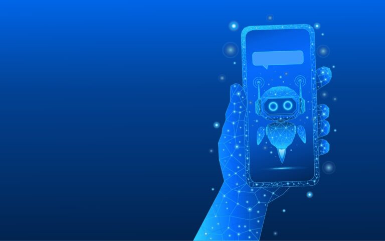 Easy On Hold | Blog - Illustration featuring a hand holding a phone with a small robot depicted on the screen, representing AI-generated voice-on-hold messaging.