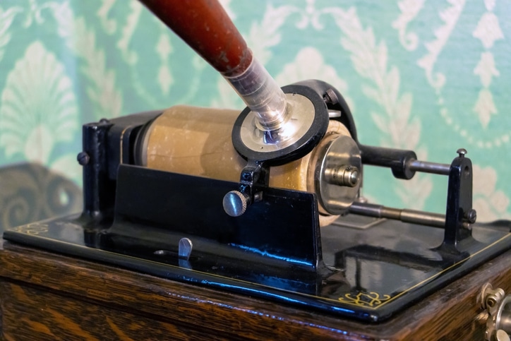 Close-up view of a phonograph in a historical room
