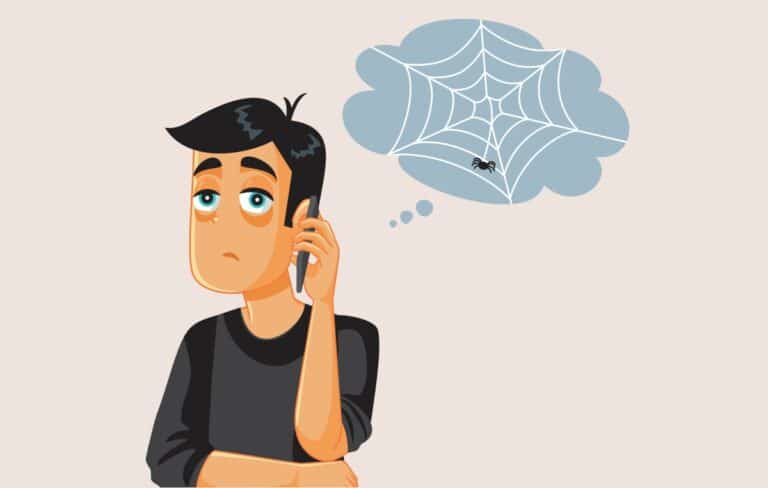Easy On Hold | Blog - A frustrated caller on hold endures a generic, cobweb-covered experience — the opposite of a custom on-hold message.
