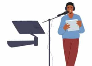 Illustrated voice talent reading a script at a microphone stand, representing how to create IVR recording professionally without expensive equipment