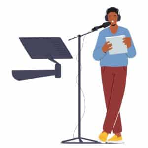 Illustrated voice talent reading a script at a microphone stand, representing how to create IVR recording professionally without expensive equipment
