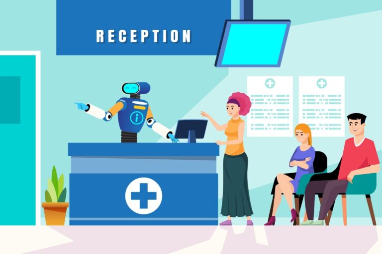 Easy On Hold | Blog - What is auto attendant illustration: robot receptionist in a doctor’s office answering and routing patient calls automatically