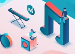 Modern illustration showcasing streaming business music in retail spaces and how it can affect customers, employees, and even sales.