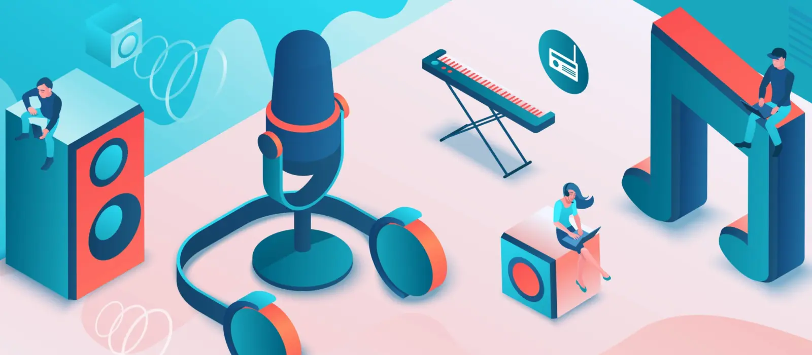 Modern illustration showcasing streaming business music in retail spaces and how it can affect customers, employees, and even sales.