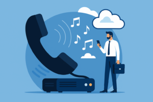 Easy On Hold | Blog - Illustration of streaming music on hold with phone, sound waves, and cloud-based audio platform