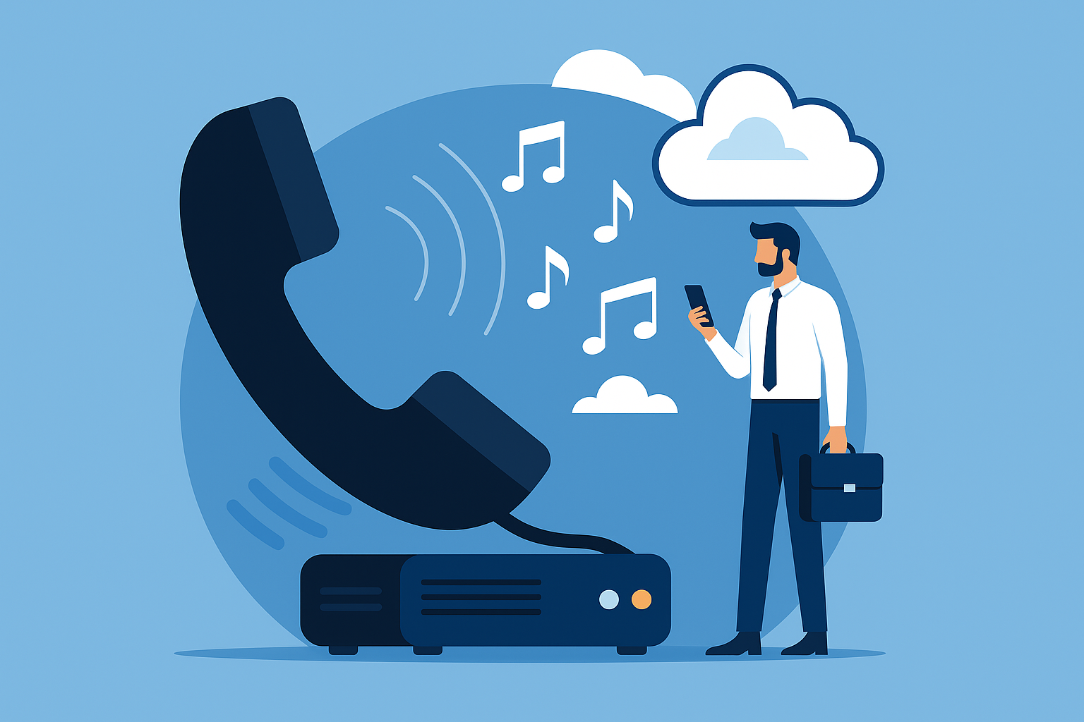 Illustration of streaming music on hold with phone, sound waves, and cloud-based audio platform